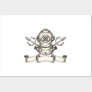 Diving helmet with tridents and ribbon Posters and Art